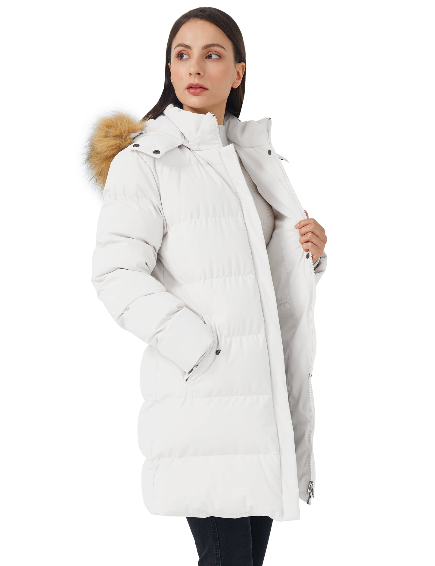 Women'S Puffer Jacket Warm Windproof Jacket Hooded Winter Coat Beige 2XL
