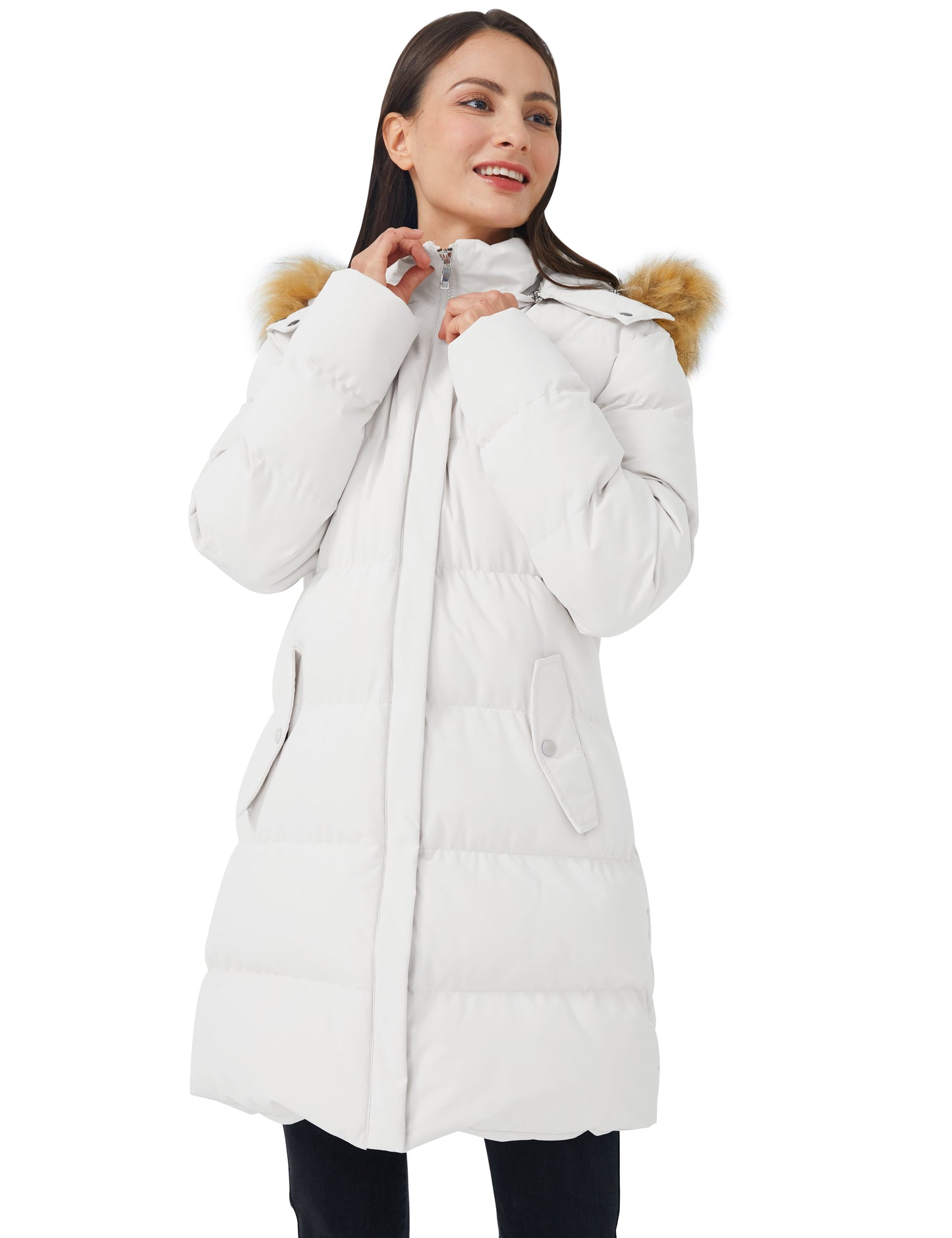 Women'S Puffer Jacket Warm Windproof Jacket Hooded Winter Coat Beige 2XL