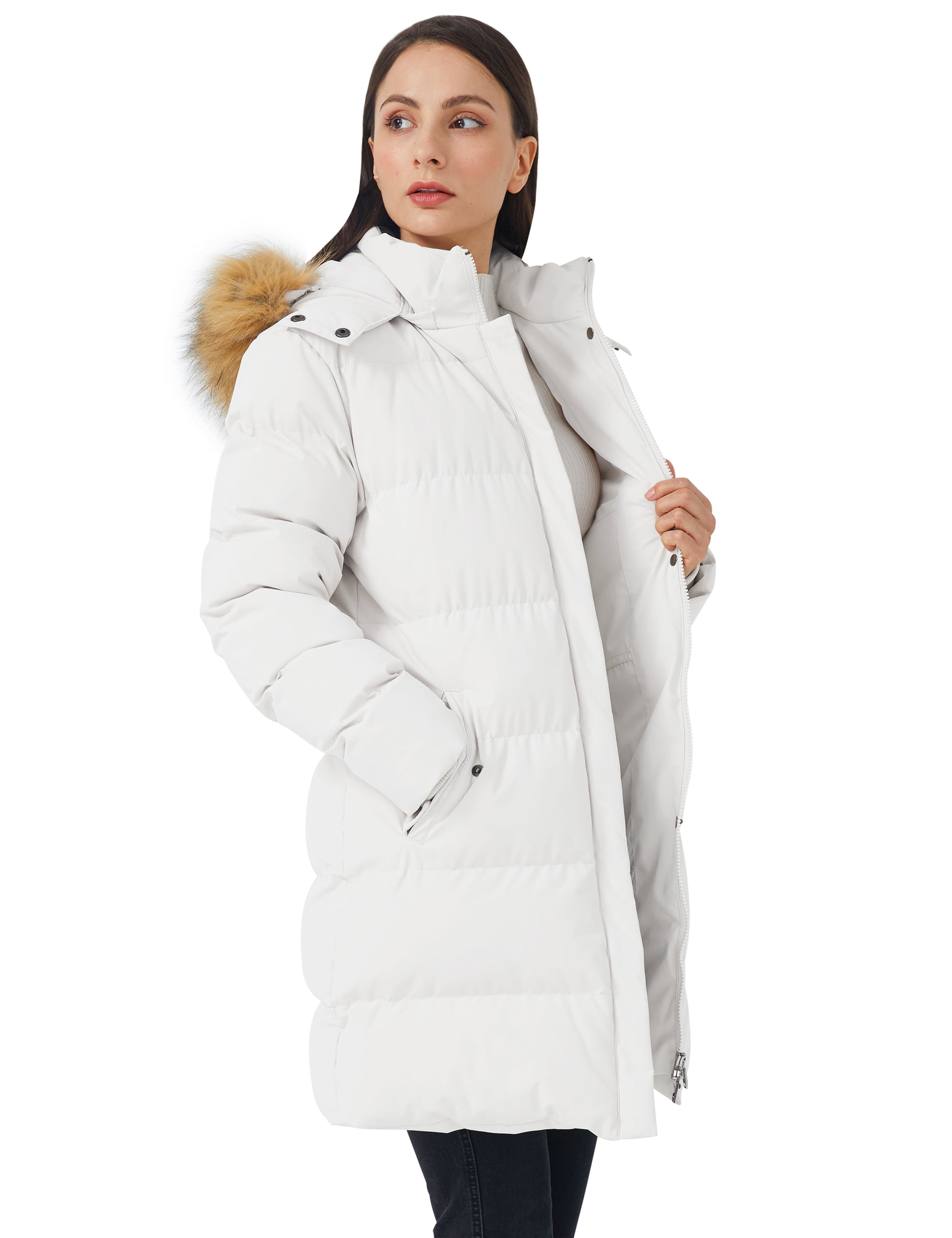 Women'S Puffer Jacket Warm Windproof Jacket Hooded Winter Coat Beige 2XL